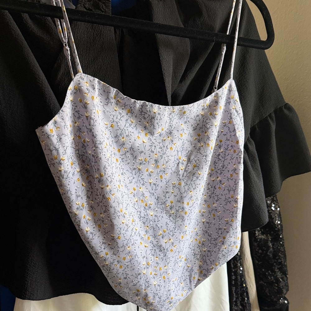 Delicate Lavender Floral Scarf-Hem Cami with Yellow Accents